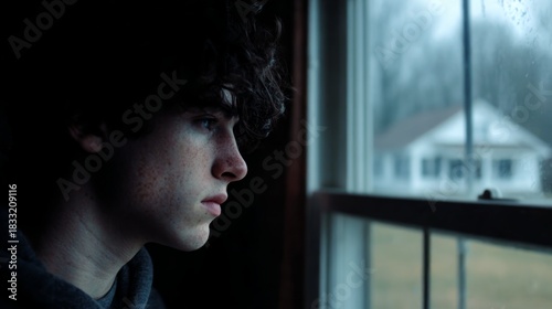 A young man with curly hair and freckles gazes thoughtfully out of the window on a rainy day, capturing a moment of reflection and self-analysis. Side view