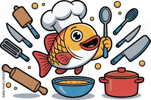 Cartoon Chef Fish with Cooking Utensils Rolling Pins, Knives, Spoon, Whisk, Pot, and Bowl