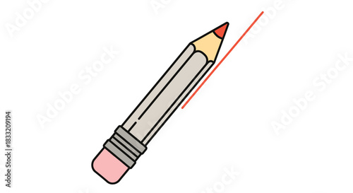 Illustration of a gray pencil with a red tip and a pink eraser on a white background at an angle