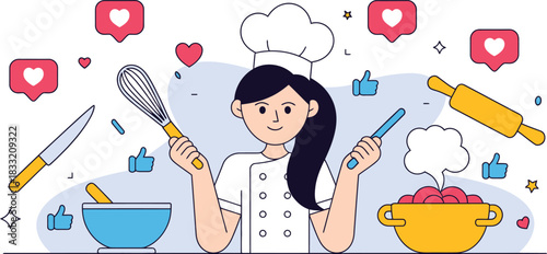 Cartoon Chef with Baking Tools, Heart Icons, and Thumbs Up Symbols on White Background
