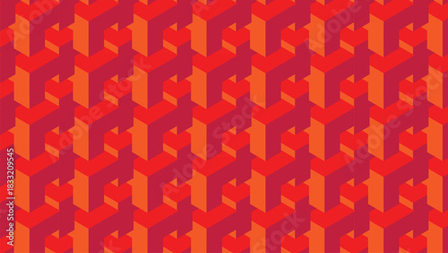 Seamless 3d geometric pattern of vibrant red and orange blocks