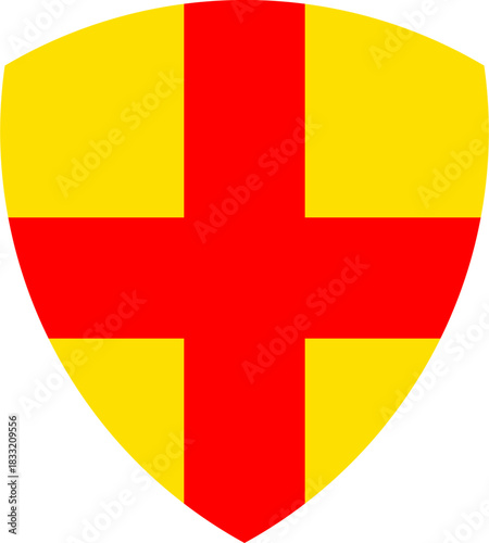 Vector graphic of a shield bearing the cross pattern. It consists of a yellow background with a red cross
