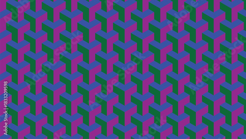 Geometric isometric cube pattern with blue, green, and purple colors