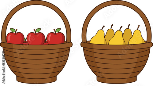 Charming Vector Illustration of Two Woven Baskets Filled with Fresh Red Apples and Yellow Pears, Ideal for Farmers Market Promotions and Autumn Harvest Graphics