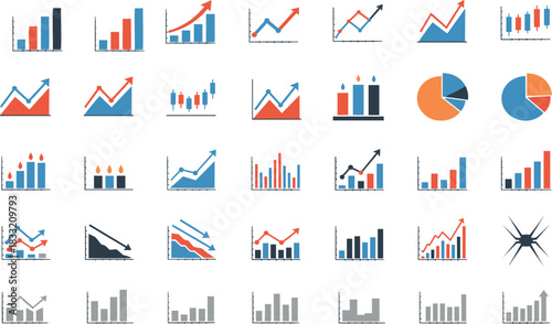 Business analytics chart icon set with line graphs, bar charts, pie charts, market growth and performance indicators