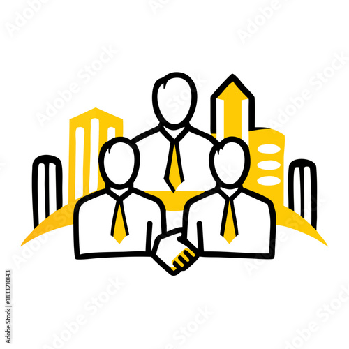 Double exposure image of many business people conference group meeting on city office building in background showing partnership success of business deal. Concept of teamwork, trust and agreement. See