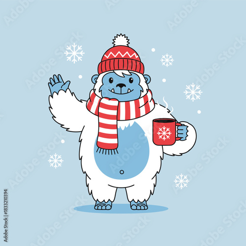 A cute cartoon yeti in winter clothes waving and holding a hot drink with snowflakes in the background.