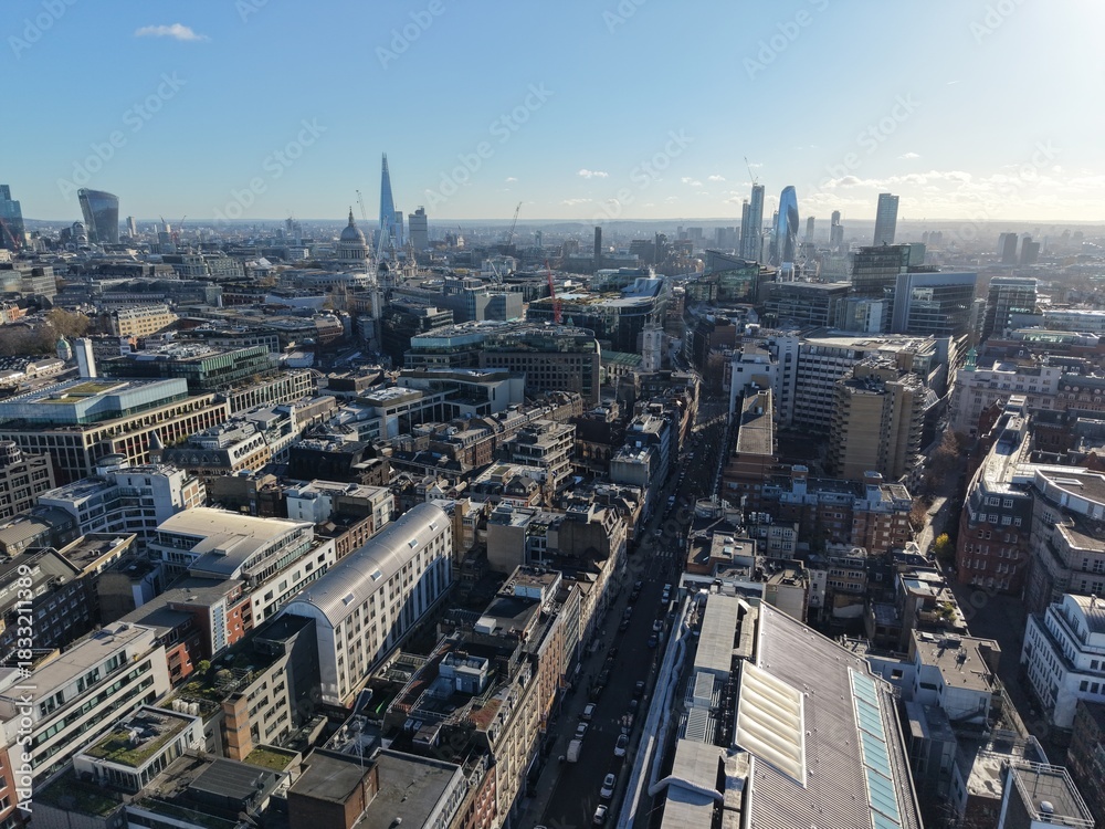 Fototapeta premium London Skyline Over Hatton Garden Drone Aerial blue sky sunny day