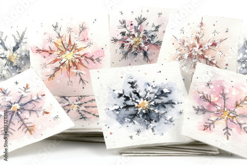 collection of detailed snowflakes, children's drawing with pencil, symmetrical patterns, delicate and simple, on white paper