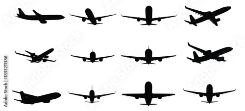 Airplane Silhouette Vector Set With Front And Side Aircraft Views In Black Aviation Illustration Style For Flight Design Artwork, Featuring Clean Minimal Shapes And Detailed Transport Graphics