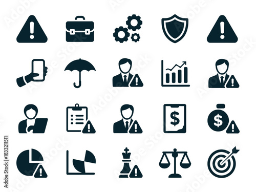 A collection of dark blue icons representing business concepts such as risk, finance, strategy, and security.