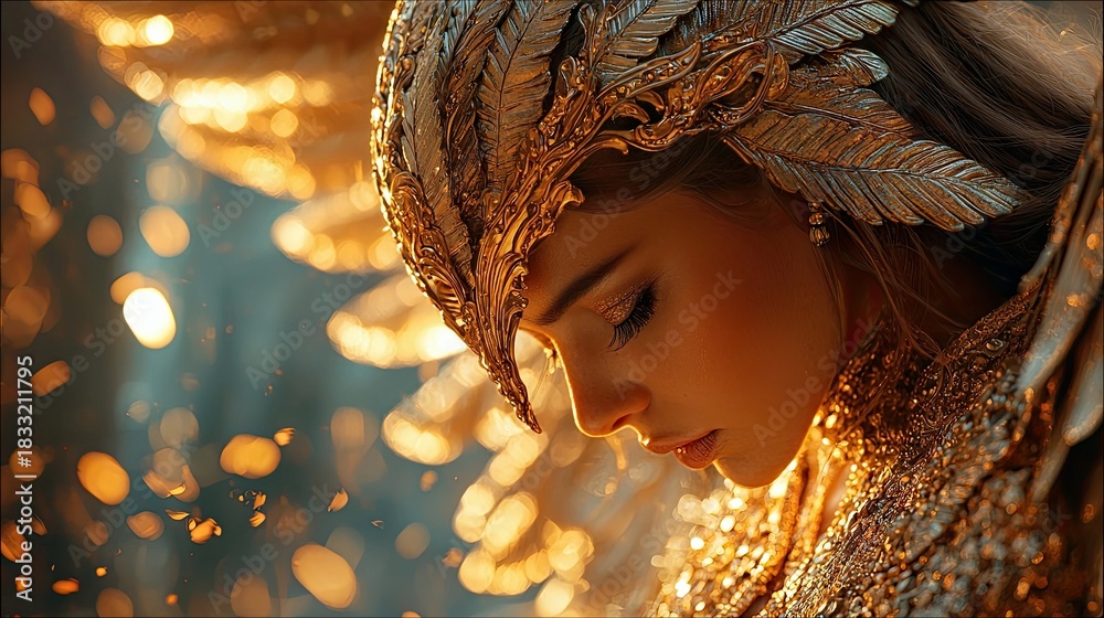 Obraz premium A woman wearing a golden headdress and ornate clothing, with a soft, dreamy lighting effect.