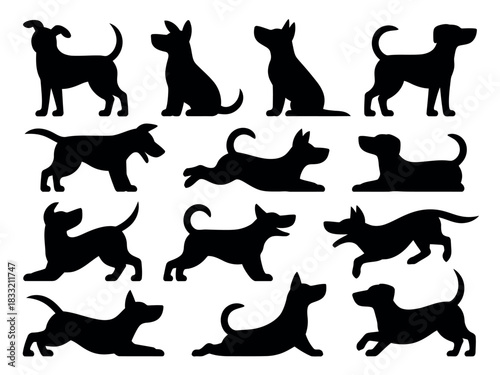 A collection of diverse dog silhouettes showcases various breeds and poses, representing canine companionship and activity.