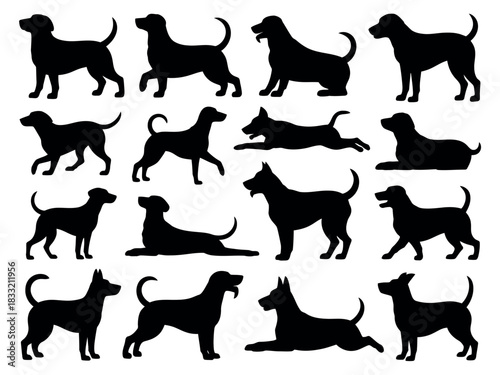 A collection of diverse dog silhouettes are displayed in various poses, showcasing different breeds and stances.