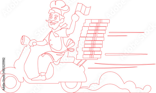 Cartoon Pizza Chef Rides Scooter Delivering Stacked Pizzas While Waving Italian Flag, Red Outline Style
