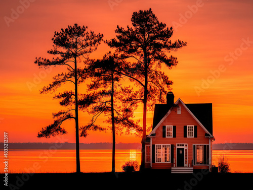 Farm house silhouette at su...
