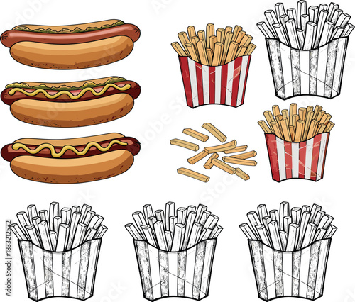 Hotdog and french fries vector set in colored and sketch style, fast food snack illustration collection