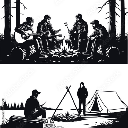 Black and white vector illustration set of friends camping in forest sitting around bonfire playing guitar and roasting marshmallows near tent.