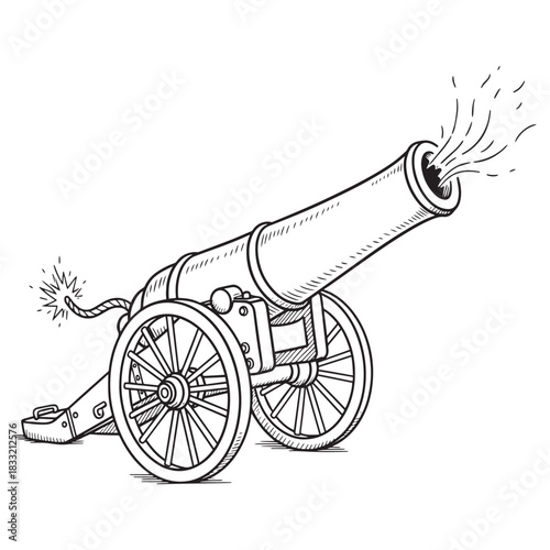 Vintage Cannon Illustration Firing Old Artillery Weapon Design Element
