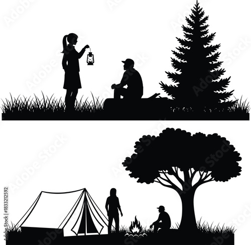 Monochrome vector illustration set of young couple and friends camping in the forest, sitting by bonfire, holding lantern, and relaxing near tent.