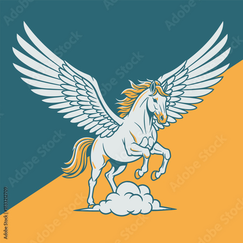 A majestic white pegasus with outstretched wings, standing on a cloud, against a two-tone background.