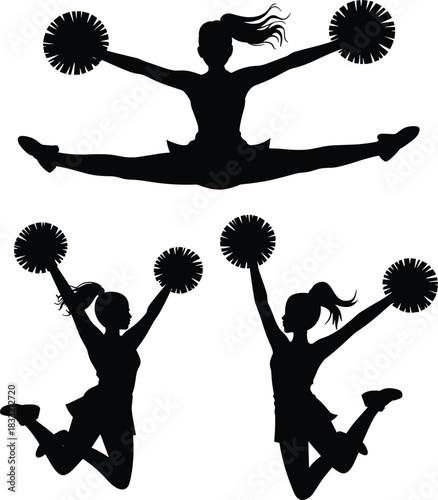 Cheerleader silhouettes, dynamic poses, pom-poms, athletic jump, mid-air motion, black figures, energetic movement, sports illustration, team spirit, isometric layout