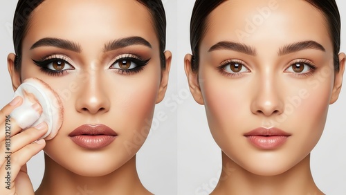 Woman face makeup before and after comparison