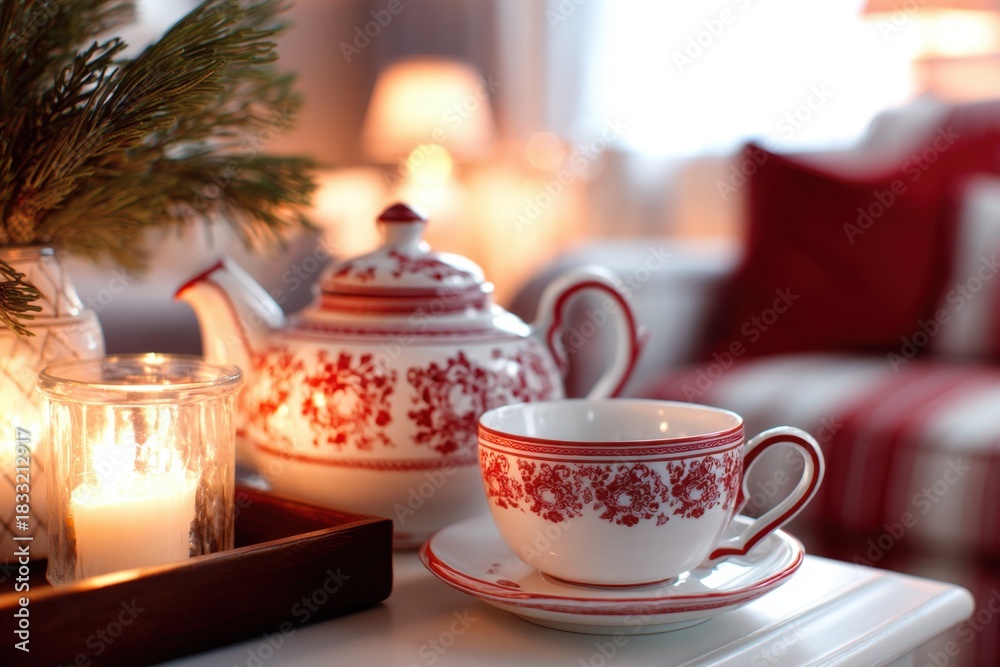 Fototapeta premium Cozy tea setting with ornate red and white teapot and cup on a table, warm ambiance with candles and decor