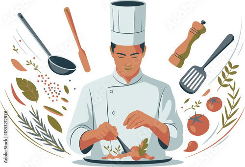 Chef Preparing a Gourmet Dish with Utensils, Herbs, and Spices Illustration