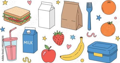 Lunchbox food vector set with sandwich, fruit, milk carton, takeaway bag and healthy snack illustration