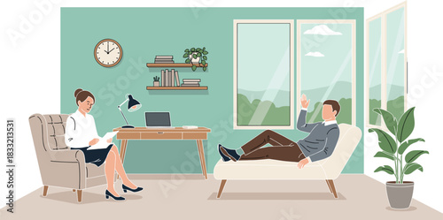 Psychologist therapy session vector illustration with patient on couch, counselor office interior, mental health consultation scene