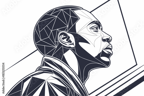 Editorial-style character bust — geometric line-work, clean negative space, modern poster vector composition.