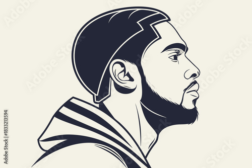 Minimal geometric headshot — layered abstract shapes, thin-line highlight details, clean poster silhouette, transparent vector.