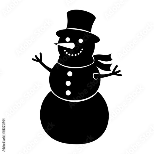 A cheerful black silhouette of a classic snowman wearing a top hat and scarf, isolated on a white background.