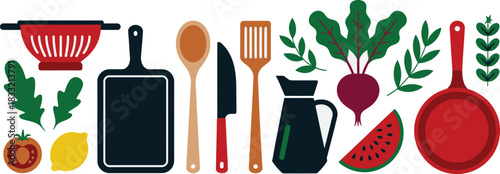 Colorful Kitchen Tools and Fresh Vegetables Colander, Cutting Board, Frying Pan, Spoon, and Healthy Ingredients