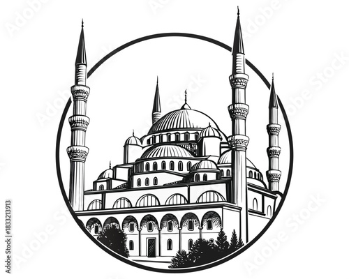 A detailed black and white sketch of a grand mosque, featuring multiple domes and tall minarets, enclosed within an oval border