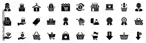 Retail & Delivery Icon Pack – Carts, Baskets, Trucks, Boxes, Tags & Gift Graphics