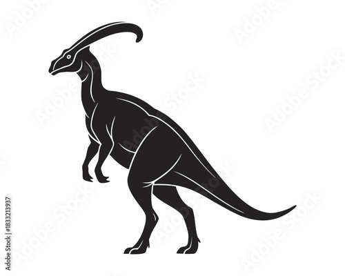 A black silhouette of a Parasaurolophus dinosaur stands on its hind legs, showcasing its iconic crest and long tail against a white background