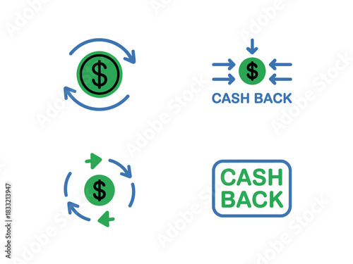 Illustrations depict the concept of cash back rewards and financial transactions with dollar symbols.