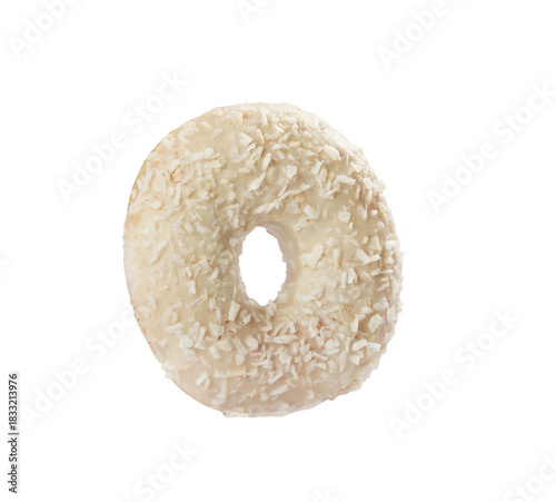 фотографія A fluffy doughnut coated in white coconut flakes sits on a clean background