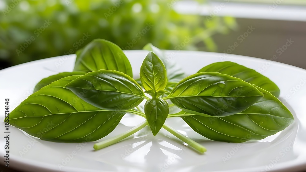 Obraz premium Fresh basil leaves arranged on a white plate in natural light