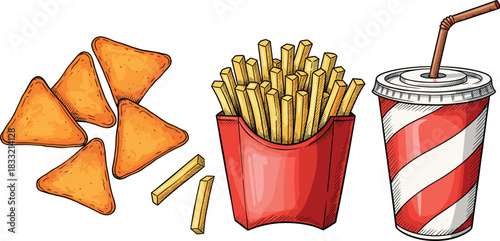 Set of crispy nacho chips, french fries in red box, and striped soda cup illustrated in colorful fast food design