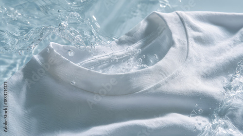 Close-up of white t-shirt collar, t-shirt in clean water with bubbles. Oxygen bleach, washing, stain remover, laundry cleanliness