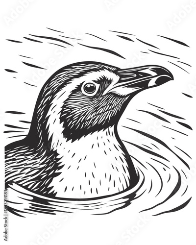 A detailed, stylized black and white illustration of a penguin's head and upper body emerging from rippling water