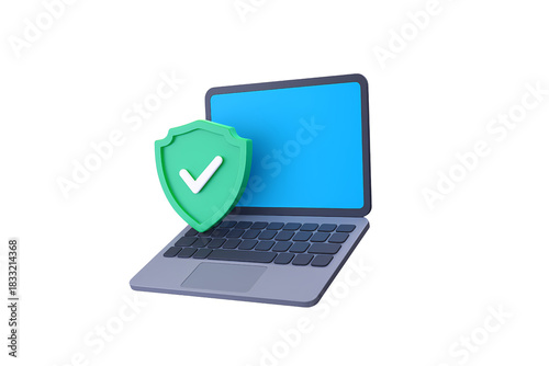 Laptop with blue screen and green security shield checkmark icon illustration for cybersecurity data protection verified safe software technology, PNG with transparent background