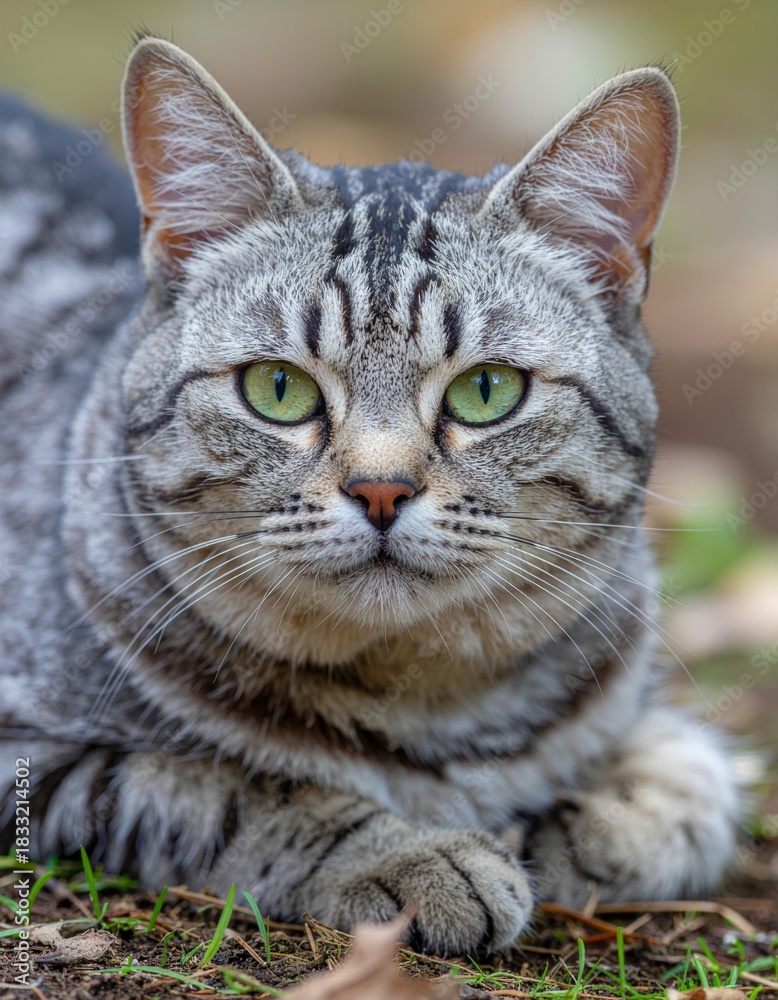 Fototapeta premium Close-up of Majestic Grey Tabby Cat with Striking Green Eyes