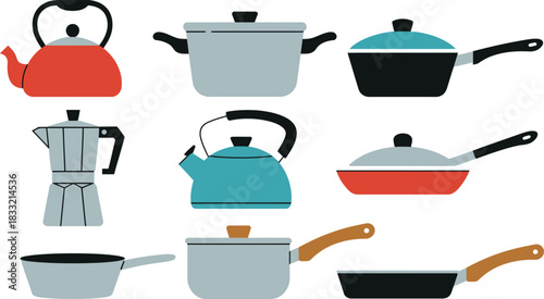 Cookware Collection Colorful Teapots, Pots, Pans, and Moka Pot on White Background, Kitchen Essentials