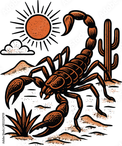 Scorpion Desert Cactus Sun Vintage Art Vector