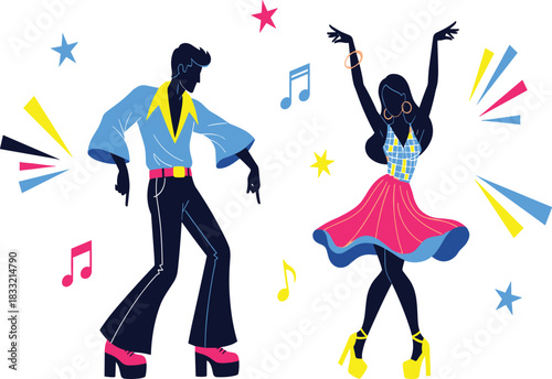 Colorful retro disco dancers, man and woman performing energetic dance moves, vibrant 70s style, music, nightlife, vintage party celebration illustration.