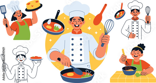 Diverse Cartoon Chefs with Cooking Utensils Stirring, Flipping, Whisking, Presenting Food Illustrations